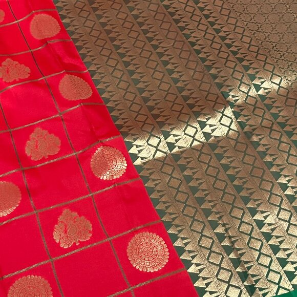 Red with Green check Indian traditional soft silk saree for women - Picture 2 of 16